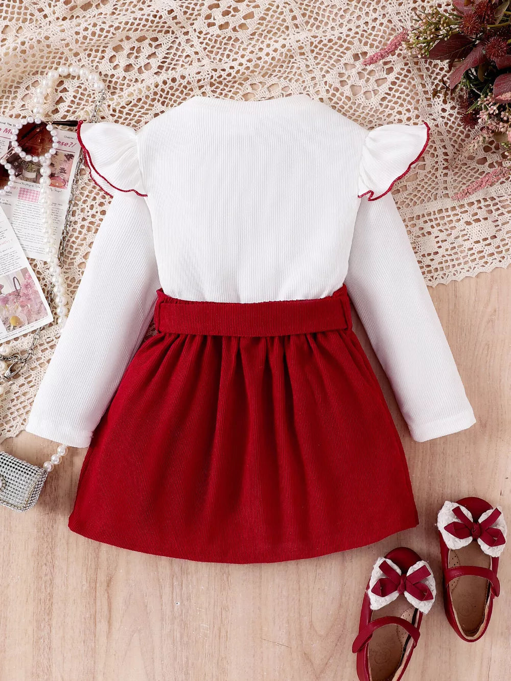 Children's Bow Long Sleeve Top And Skirt Set in White, back view