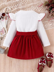 Children's Bow Long Sleeve Top And Skirt Set in White, back view