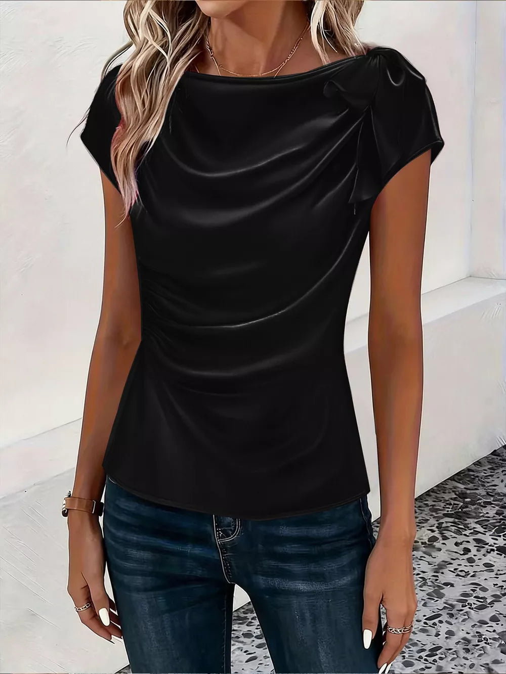 Ruched Short Sleeve Satin Top in Brown, front view
