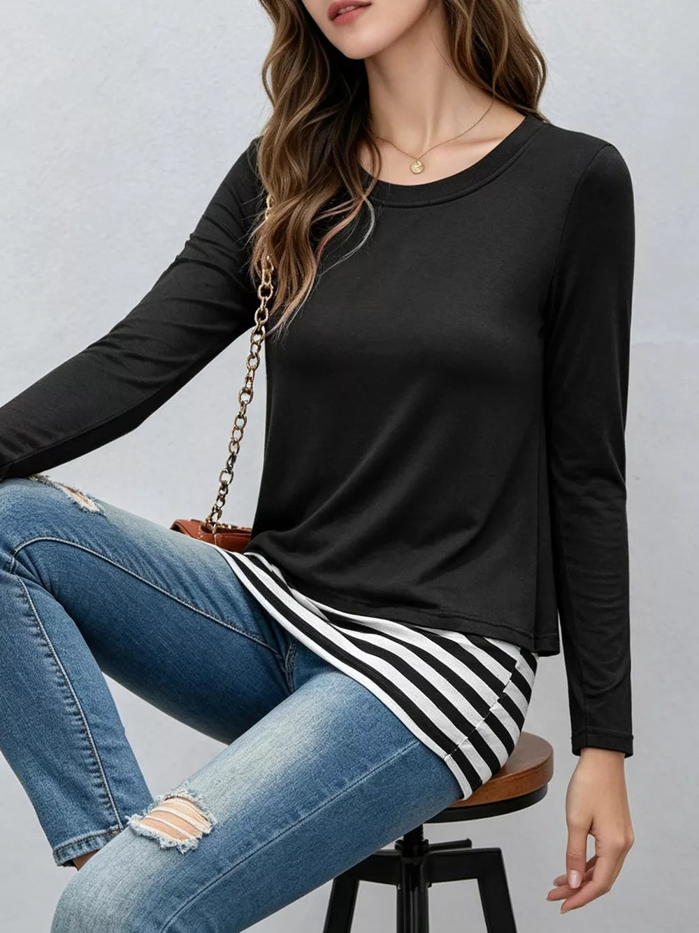 Layered Crew Neck Long Sleeve Striped T-shirt in Light Gray, view 13
