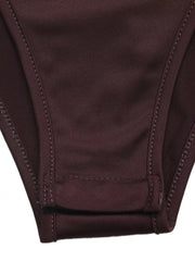 Bodysuit detail showing snap closure and stitching on dark brown fabric.