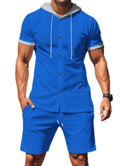 Blue hooded short sleeve button-down shirt with drawstring and pocket, paired with drawstring shorts.
