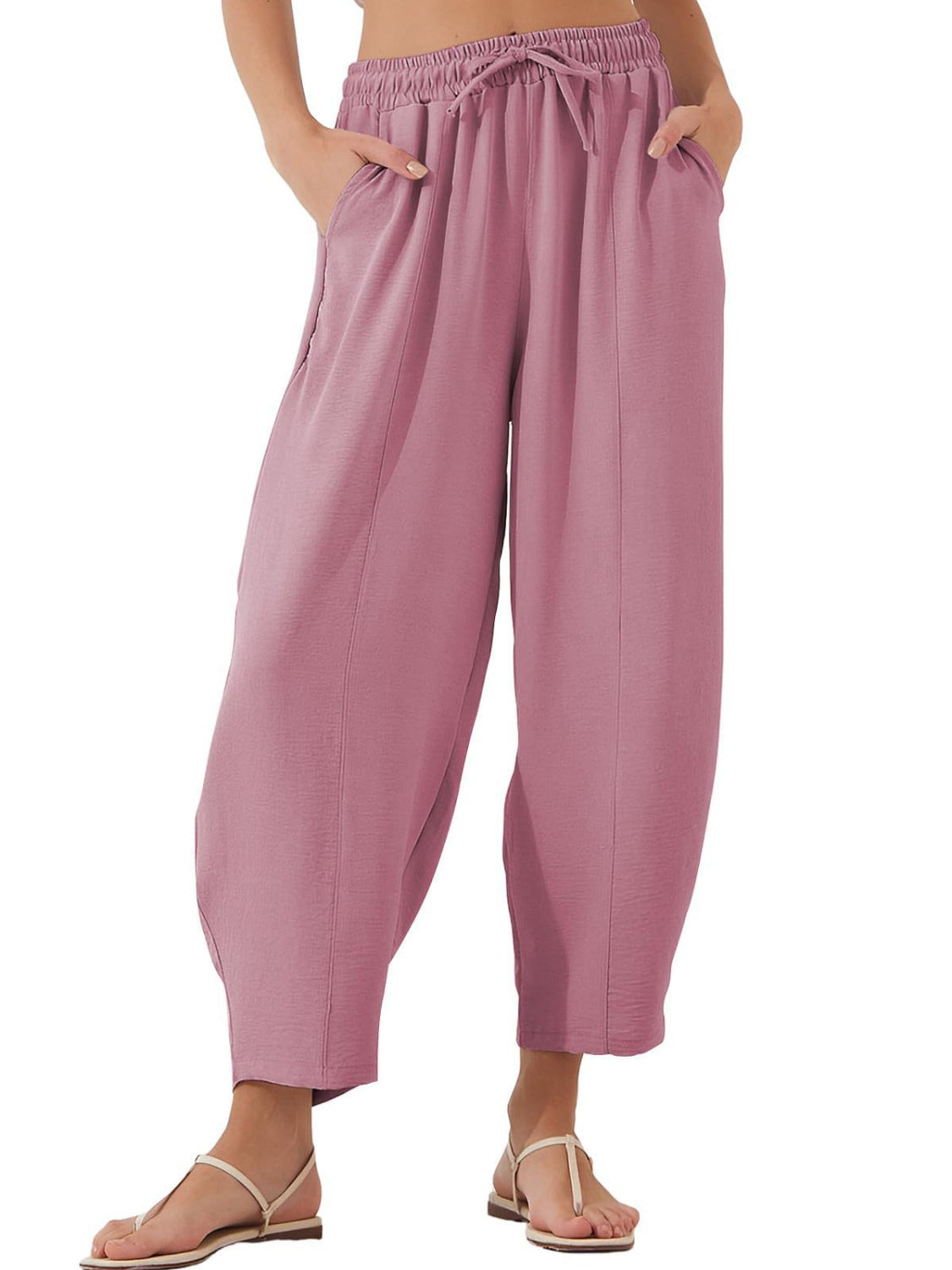 Textured seamed balloon crop trousers in Moonlit Mauve with drawstring waist and pockets