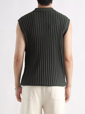Men's ribbed knit zip-up tank in dark green with a polo collar.
