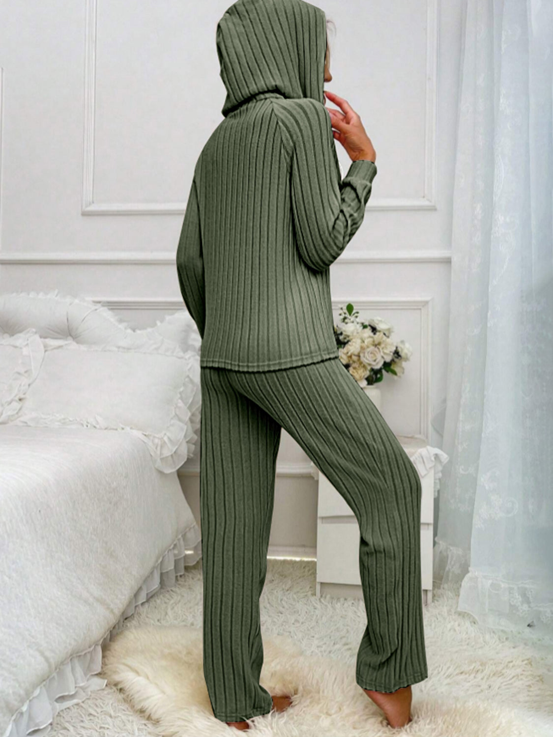 Moss ribbed knit hooded loungewear set with long sleeves and pants.