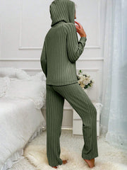 Moss ribbed knit hooded loungewear set with long sleeves and pants.