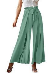 Matcha green paperbag waist palazzo pants with side slits and tie belt.
