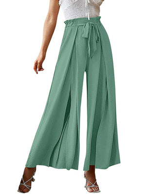 Matcha green paperbag waist palazzo pants with side slits and tie belt.