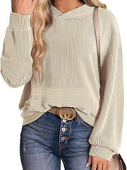 Light Coffee ribbed V-neck oversized hoodie sweatshirt with balloon sleeves.