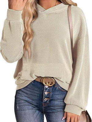 Light Coffee ribbed V-neck oversized hoodie sweatshirt with balloon sleeves.