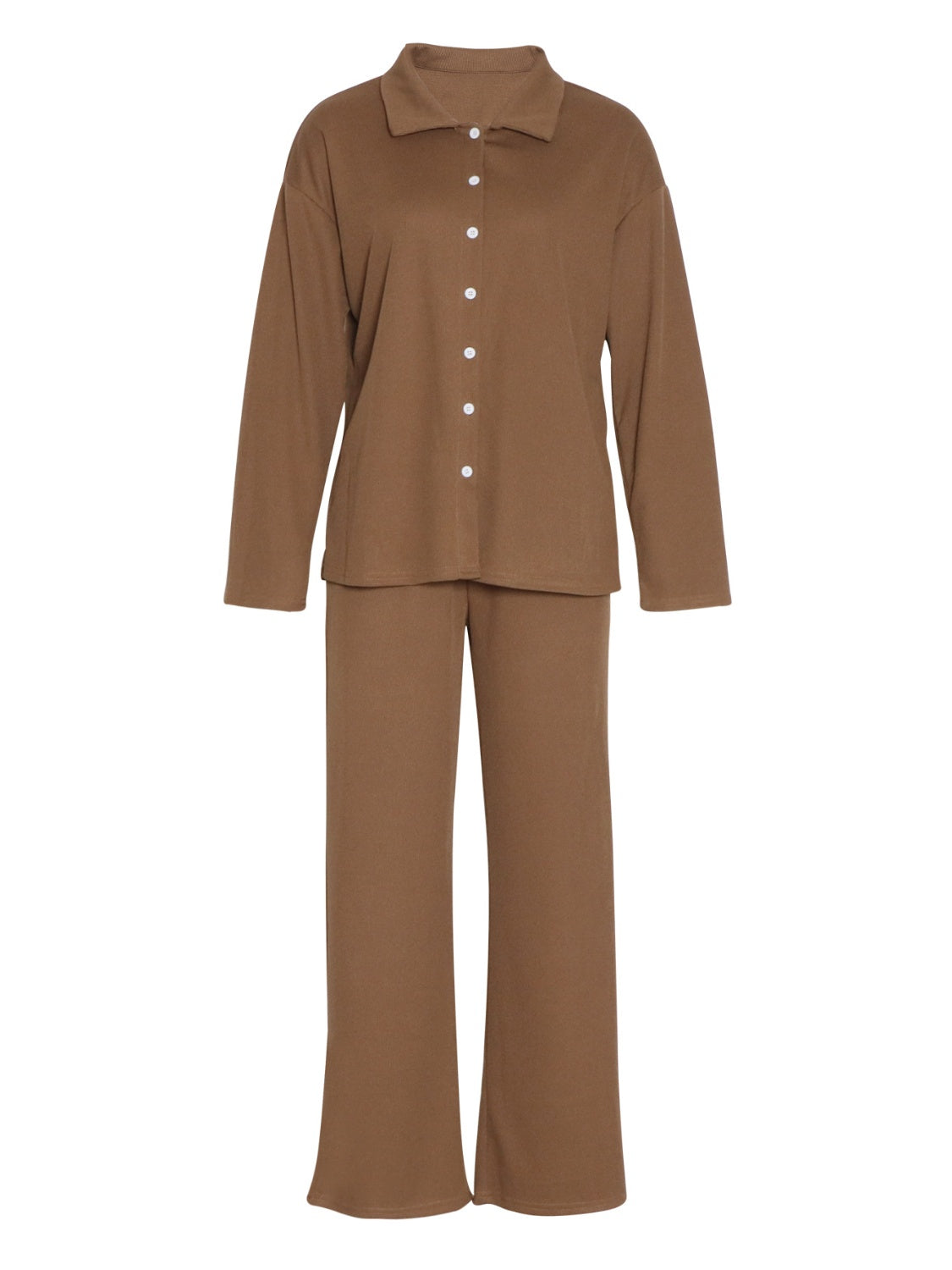 Brown ribbed knit lounge set with buttoned collared shirt and relaxed fit pants