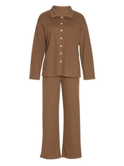 Brown ribbed knit lounge set with buttoned collared shirt and relaxed fit pants