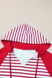 Patriotic raglan hooded tee in scarlet with red and white stripes on the hood and body.