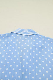 Polka dot viscose pajama set with striped collar detail.