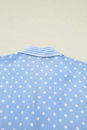 Polka dot viscose pajama set with striped collar detail.