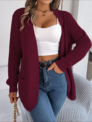 Wine textured knit open-front cocoon cardigan with pockets, acrylic.