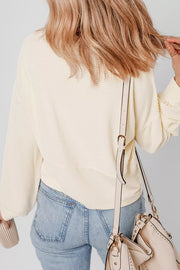 Corded Texture Lantern Sleeve Henley Sweatsuit in Ivory, alternate angle