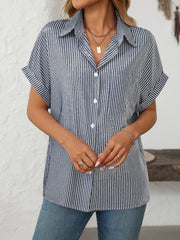 Dark Navy striped button-down shirt with cuffed short sleeves and a pocket.