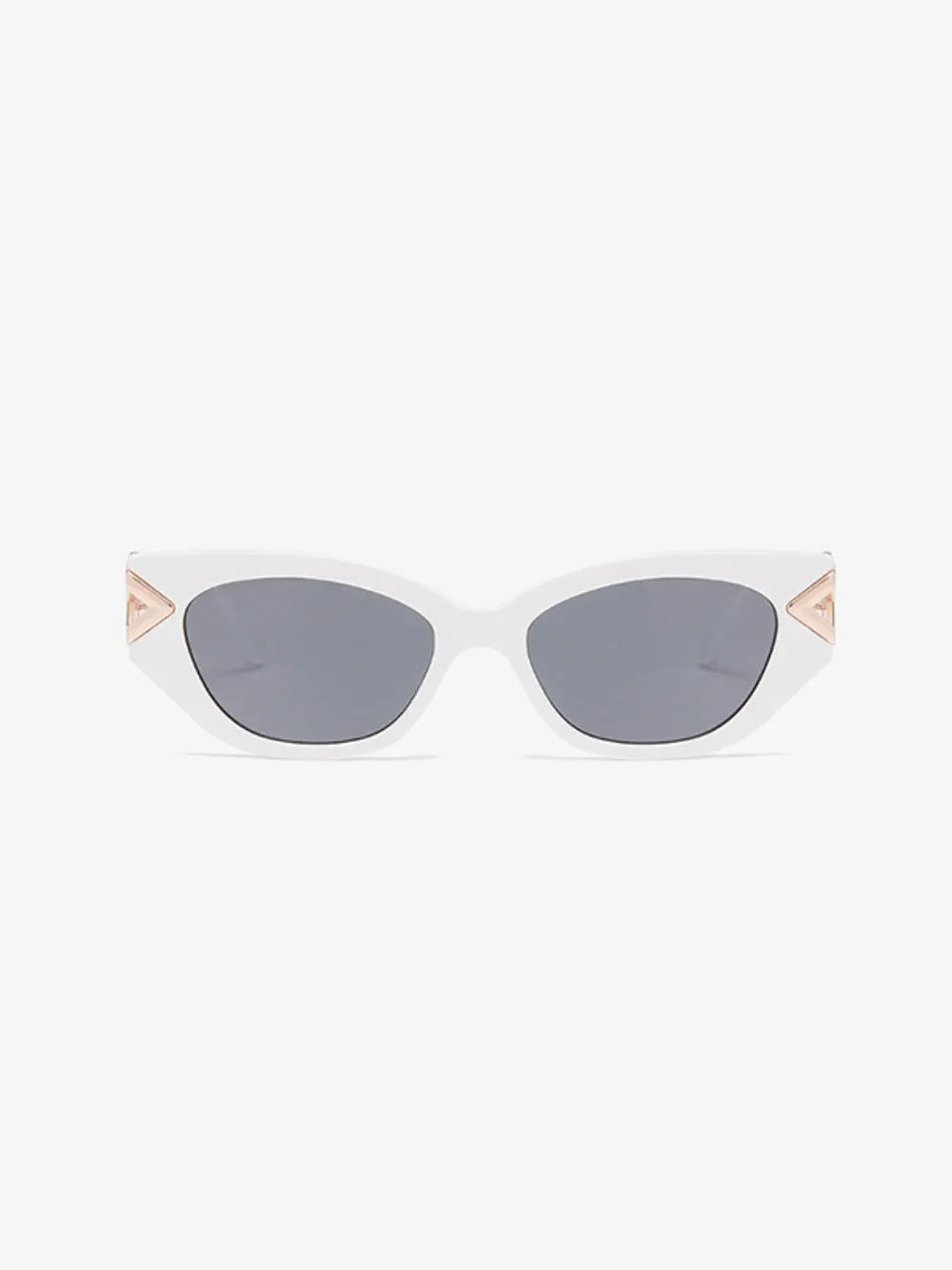 White cat-eye sunglasses with gold geometric accents and grey lenses