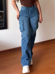 Curvy Fit high-waisted blue cotton cargo pants with buttoned closure and multiple pockets.