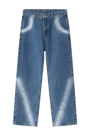 Faded Panel Wide-Leg Jeans in medium wash cotton with diagonal faded panels.