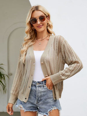 Khaki open knit button cardigan with ribbed trim and V-neck