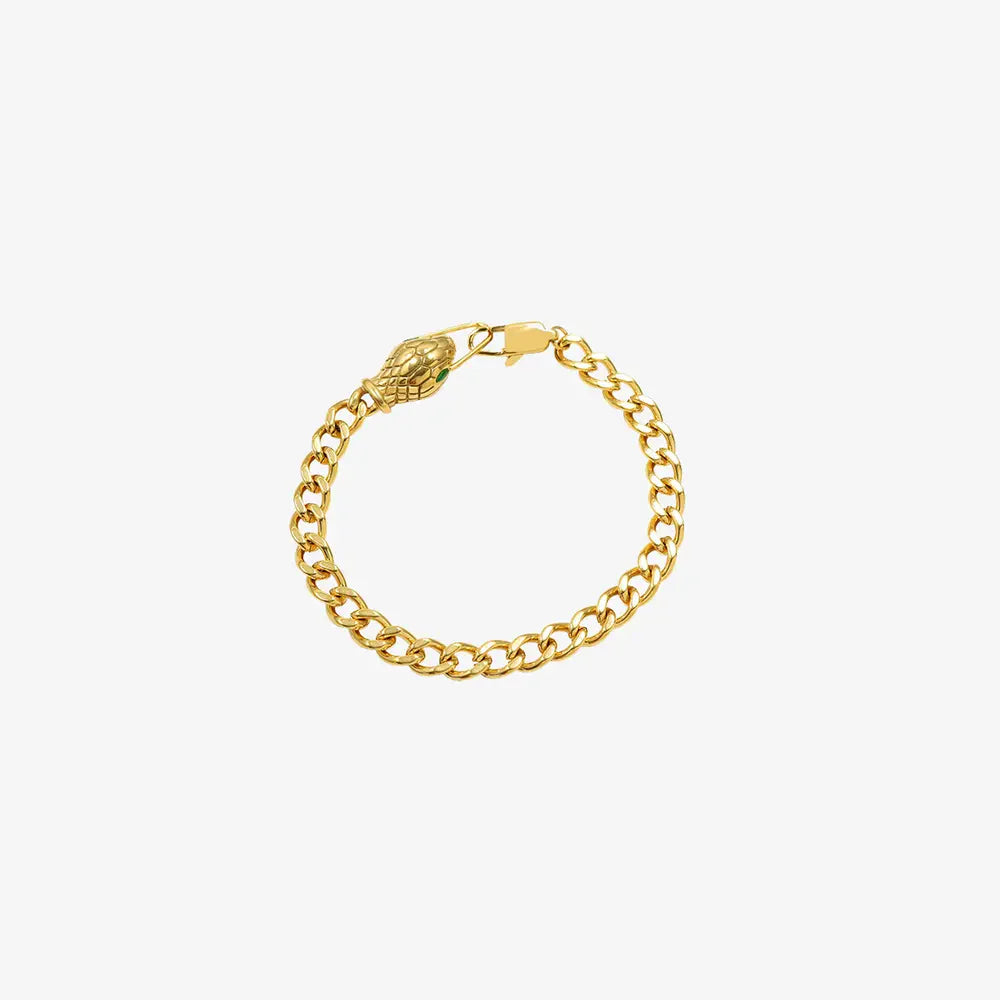 Gold serpentine chain bracelet with a green-eyed snake head clasp.