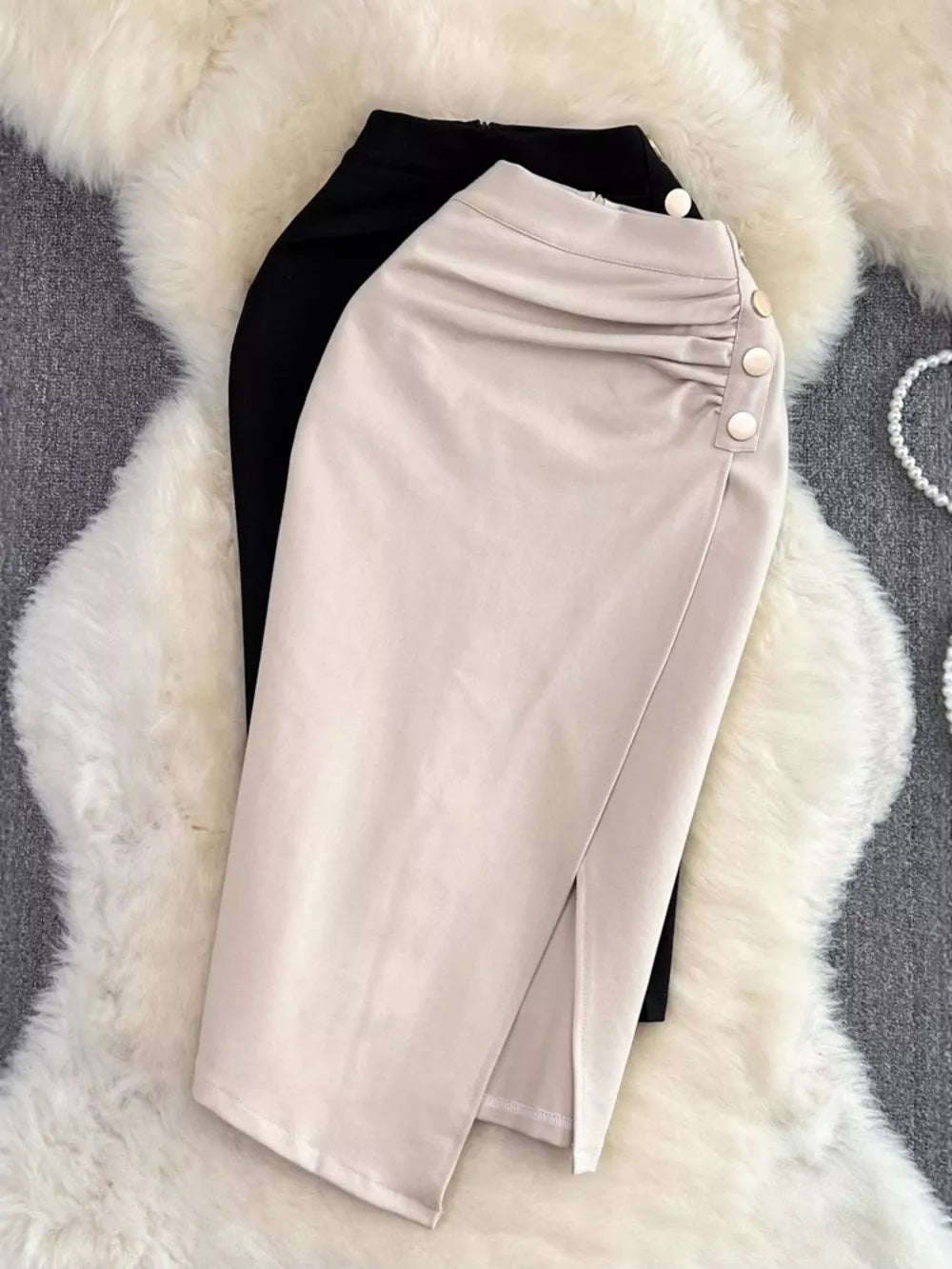 Ruched Slit Skirt in Apricot, close-up detail