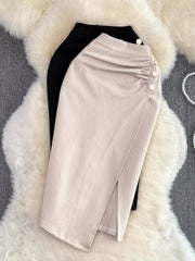 Ruched Slit Skirt in Apricot, close-up detail