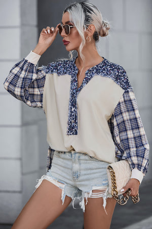 Beige mixed media blouse with plaid sleeves and floral yoke detail