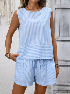 Light blue striped maternity two-piece set with drawstring shorts and sleeveless top.