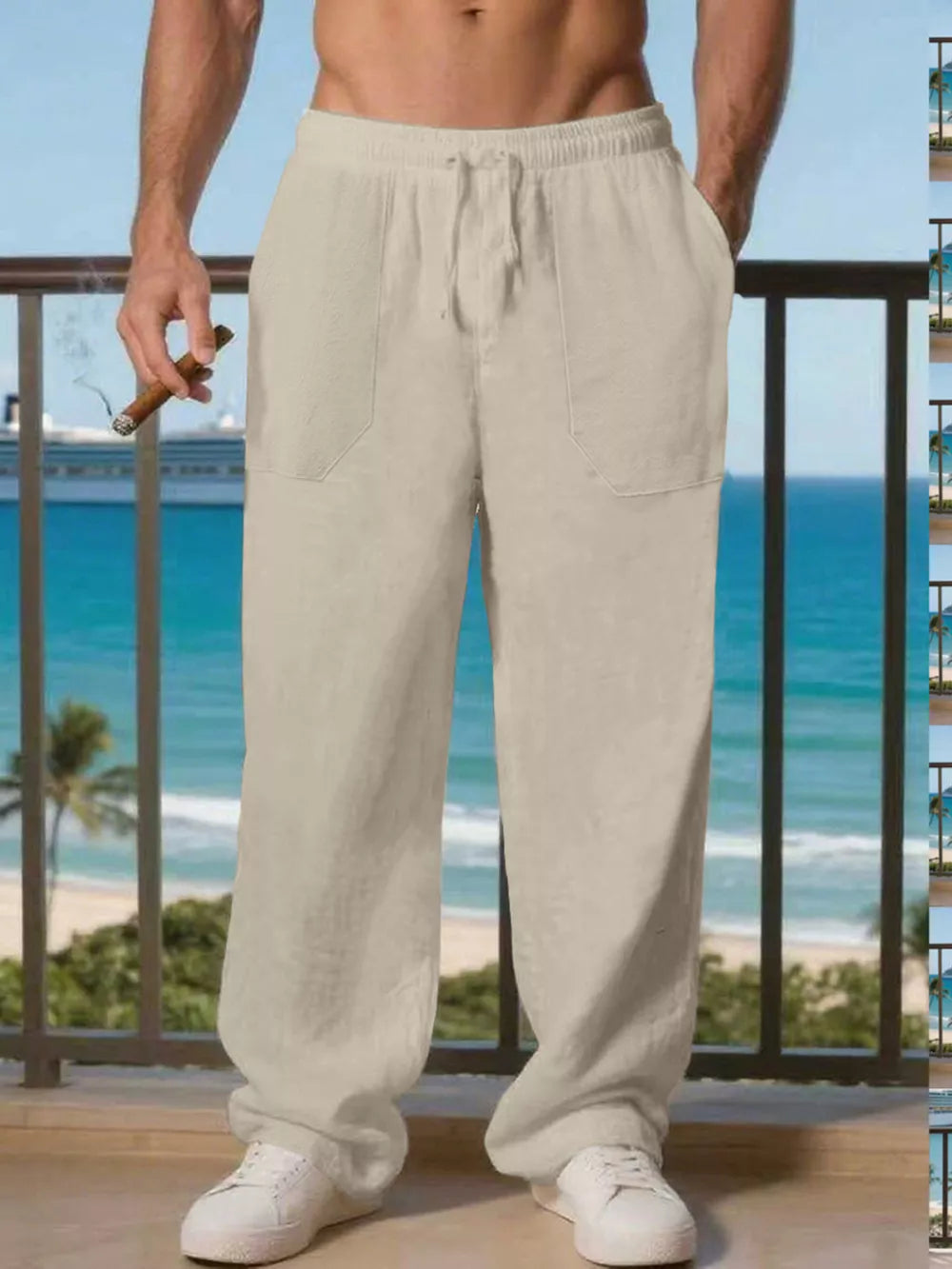Men's linen jogger pants in apricot with drawstring and pockets, relaxed fit.