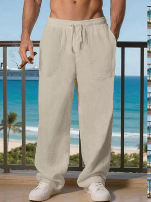 Men's linen jogger pants in apricot with drawstring and pockets, relaxed fit.