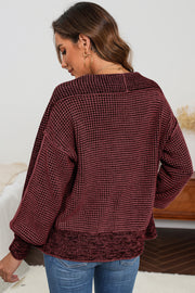 Textured knit cardigan in Wine with a waffle knit pattern and relaxed fit.