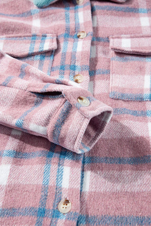 Pastel plaid shacket in dusty pink with contrast collar and button front.