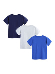 Toddler boys' short-sleeve t-shirts in navy, heather gray, and royal blue cotton.