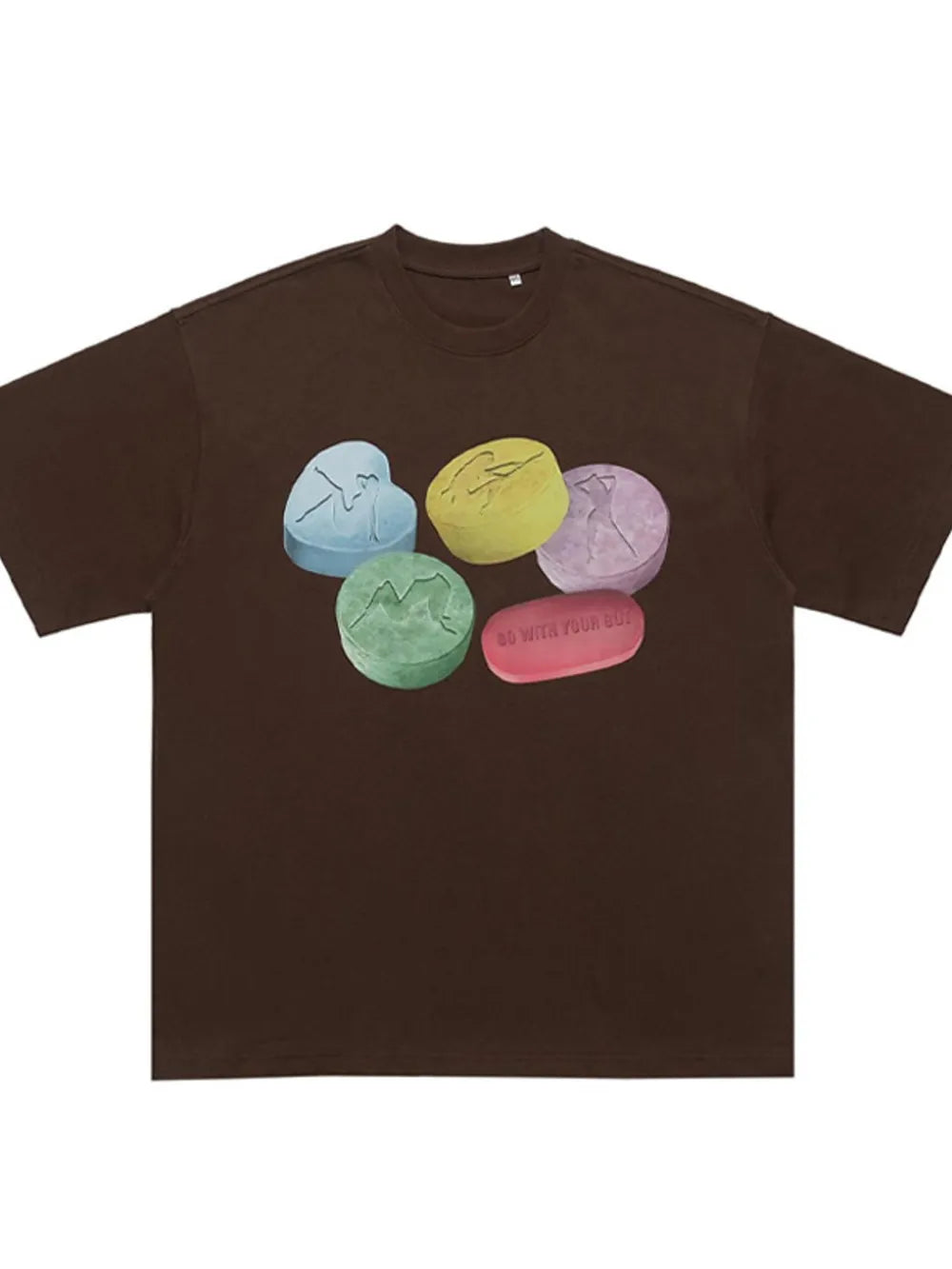 Brown cotton crew neck t-shirt with graphic print of colorful pills and text.