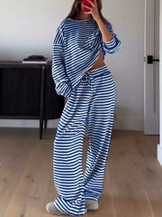 Royal blue and white striped pajama set with drawstring pants and long sleeve top.