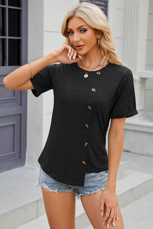 Black asymmetric button-up tee with short sleeves and a rounded neckline.