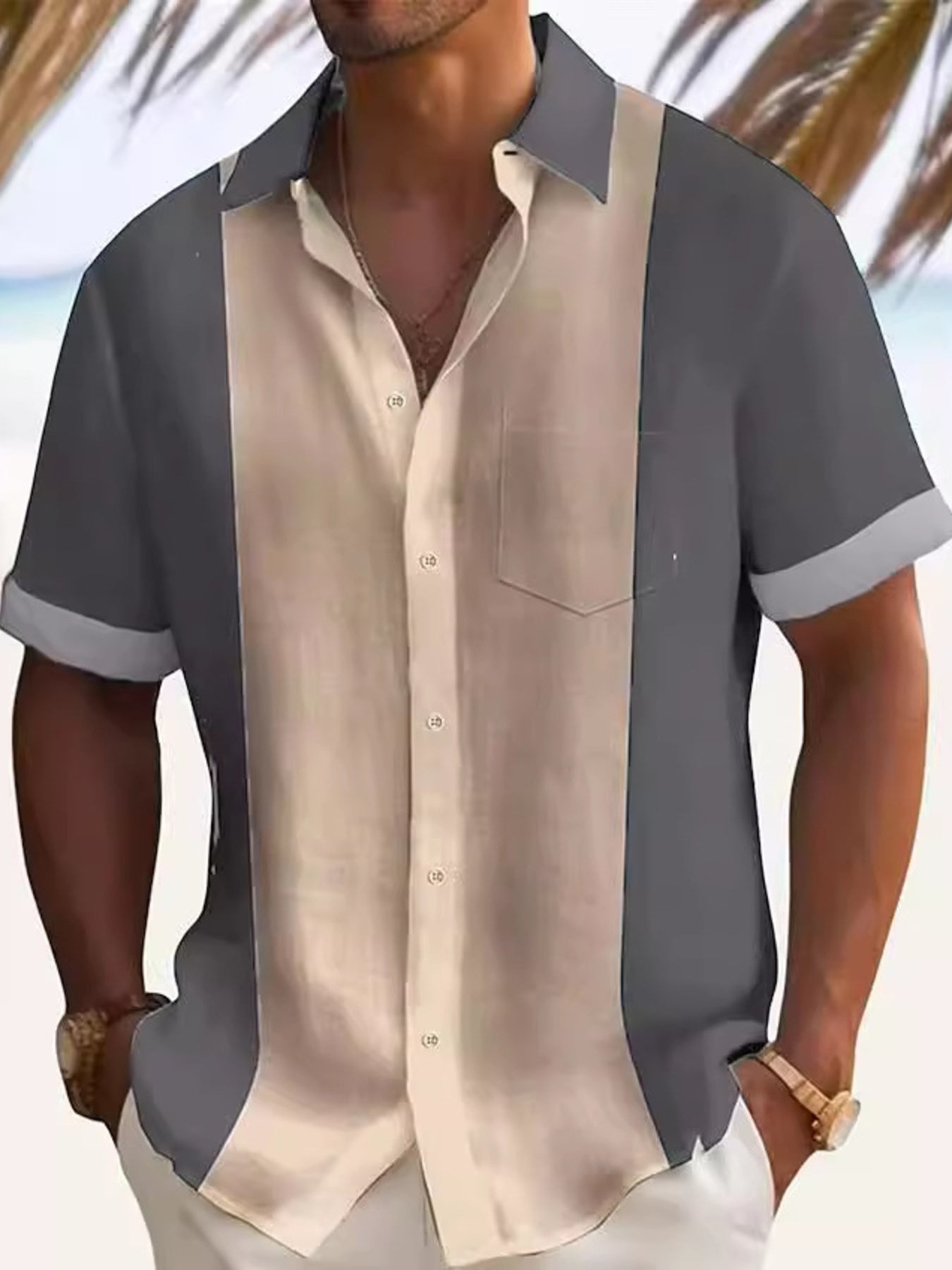 Men's short sleeve button-down shirt in gray and beige color block cotton with chest pocket.