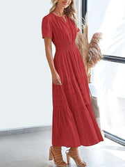 Effortless V-neck tiered maxi dress in rust with smocked waist and short sleeves.