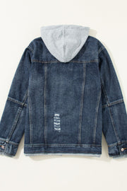 Dark blue denim jacket with grey hooded layer and distressed back detail.