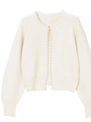 Pearl Trimmed Open Front Cardigan in White, alternate angle