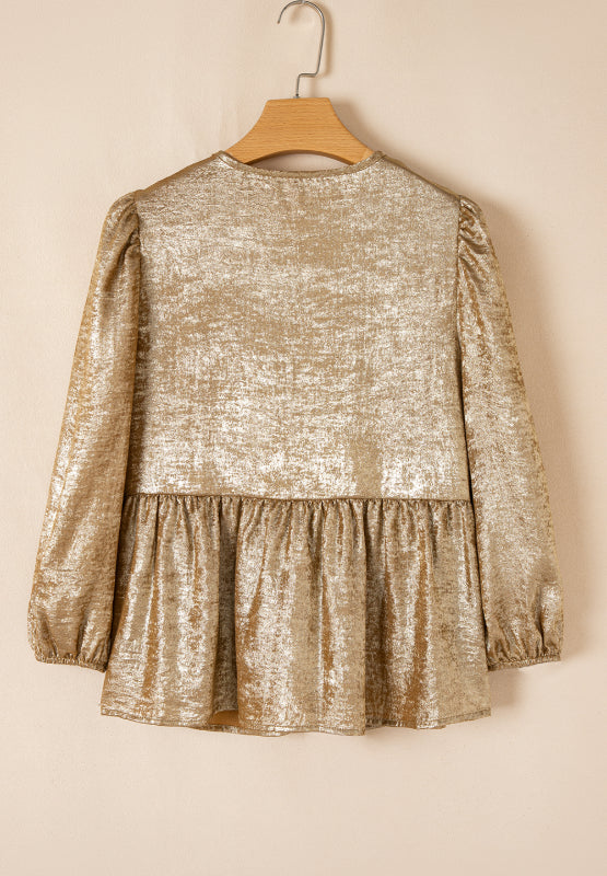 Gold peplum blouse with ruched sleeves and textured metallic fabric.
