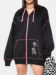 Black zip-up hoodie with pink contrast stitching and rhinestone skull graphics.