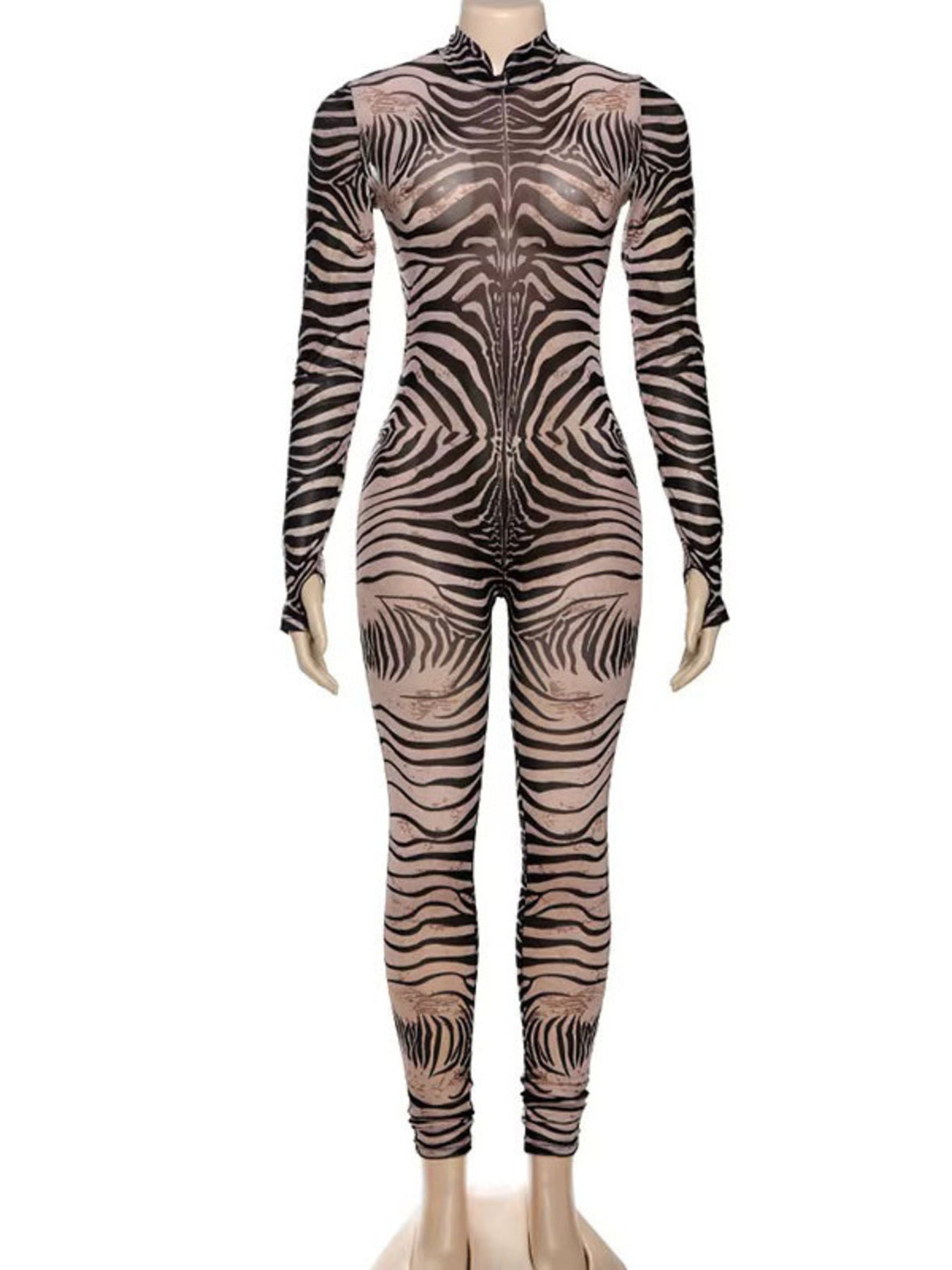 Print bodycon jumpsuit with zebra pattern, mock neck, and long sleeves.