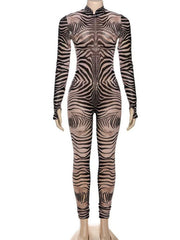 Print bodycon jumpsuit with zebra pattern, mock neck, and long sleeves.