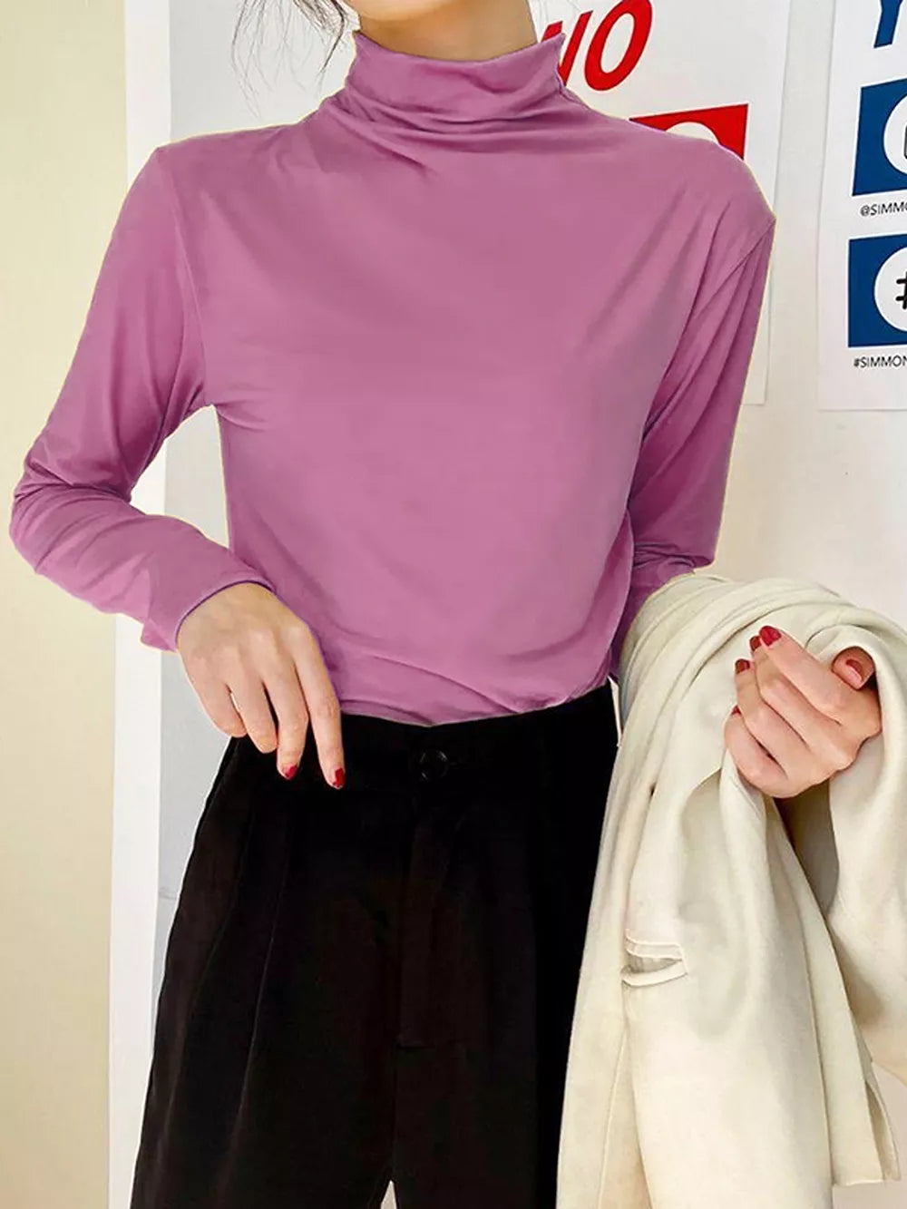 Solid Color Turtleneck Long Sleeve T-shirt, front view