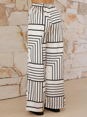 White geometric print wide leg pants with elastic waist