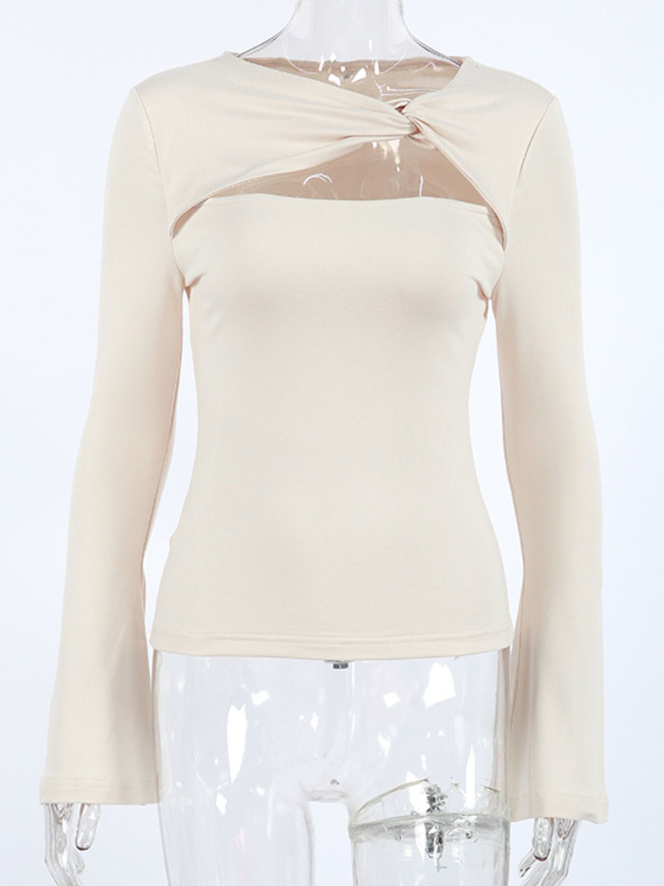Beige long-sleeve shirt with knot front and chest cutout detail